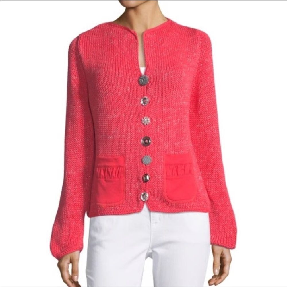 Pure Handknit Collection Cardigan Size M/L Red & Metallic Silver Jewel Buttons